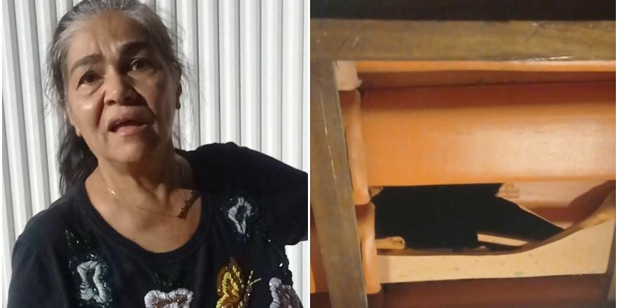 Ao retornar para casa, Aparecida Dias encontrou um buraco no telhado, causado por pedaços da estrutura do prédio vizinho (ARQUIVO PESSOAL)