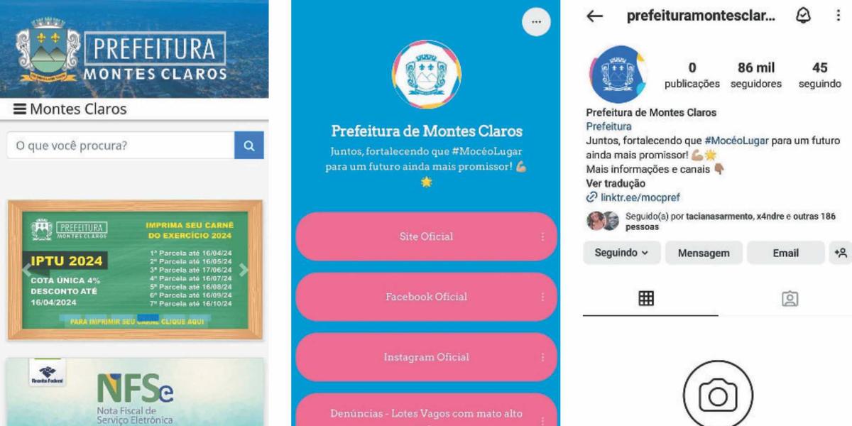 Perfis da Prefeitura de Montes Claros em redes sociais e site não informam sobre a determinação do MP (REDE SOCIAL)