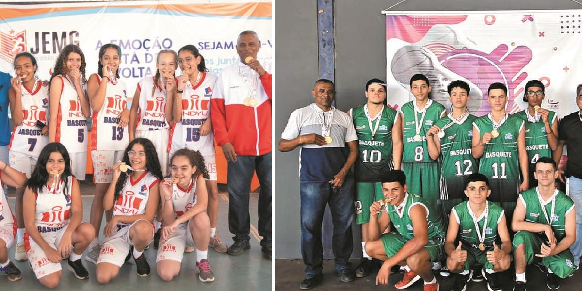 Equipes campeãs na fase microrregional dos Jogos Escolares, disputada em Brasília de Minas: basquete feminino módulo I e basquete masculino módulo II (fotos divulgação)