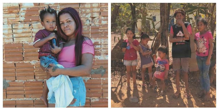 Foto a esquerda: Weudes trabalha como faxineira e manicure. Com o marido, ajudante de pedreiro, tem 4 filhos. Foto a direita: Dona Tânia e os netos: diferença do Auxílio que a filha recebe vai ajudar na compra de comida. (Larissa Durães)