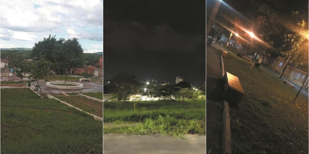Da esquerda para a direita: Praça do Alto Boa Vista; Praça do Bairro Morada do Sol: iluminação não é suficiente para dar tranquilidade aos moradores; e Praça João Catone, na área central de Montes Claros: iluminação não inibe vandalismo. (Márcia Vieira)