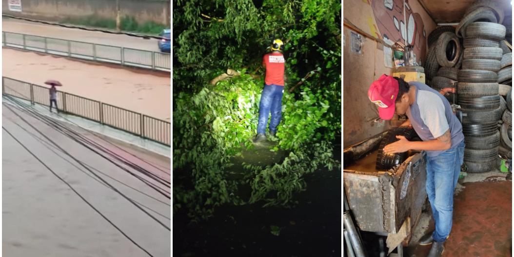 Ruas alagadas e árvores caídas no meio da rua: bombeiros têm tido muito trabalho nos últimos dias, assim como o borracheiro Gilberto Rodrigues, que vem recebendo vários pneus para arrumar.